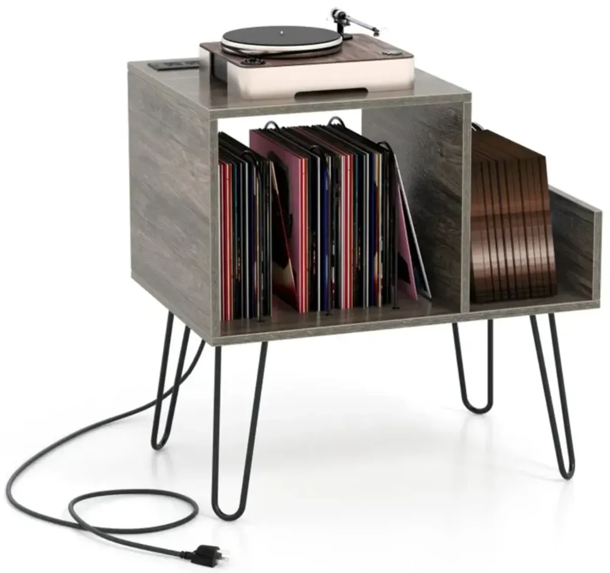 Hivvago Mid-century Record Player Stand with Power Outlet and Vinyl Divider