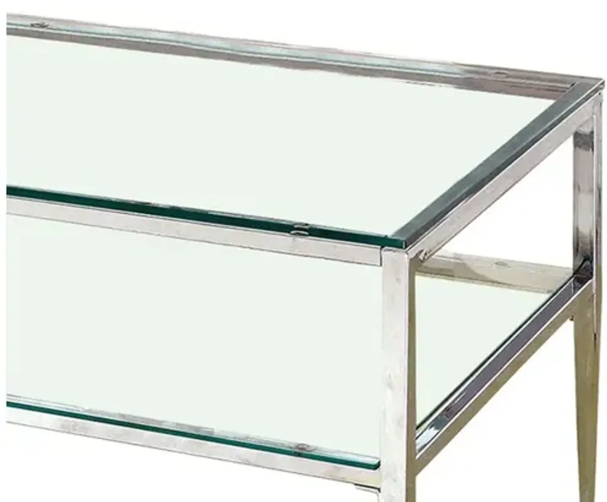 Coffee Table with Rectangular Glass Top and Tapered Legs, Silver and Clear-Benzara