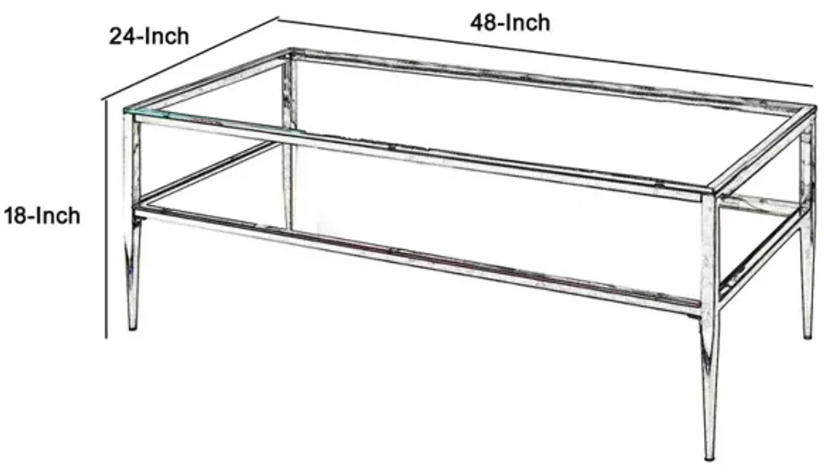 Coffee Table with Rectangular Glass Top and Tapered Legs, Silver and Clear-Benzara