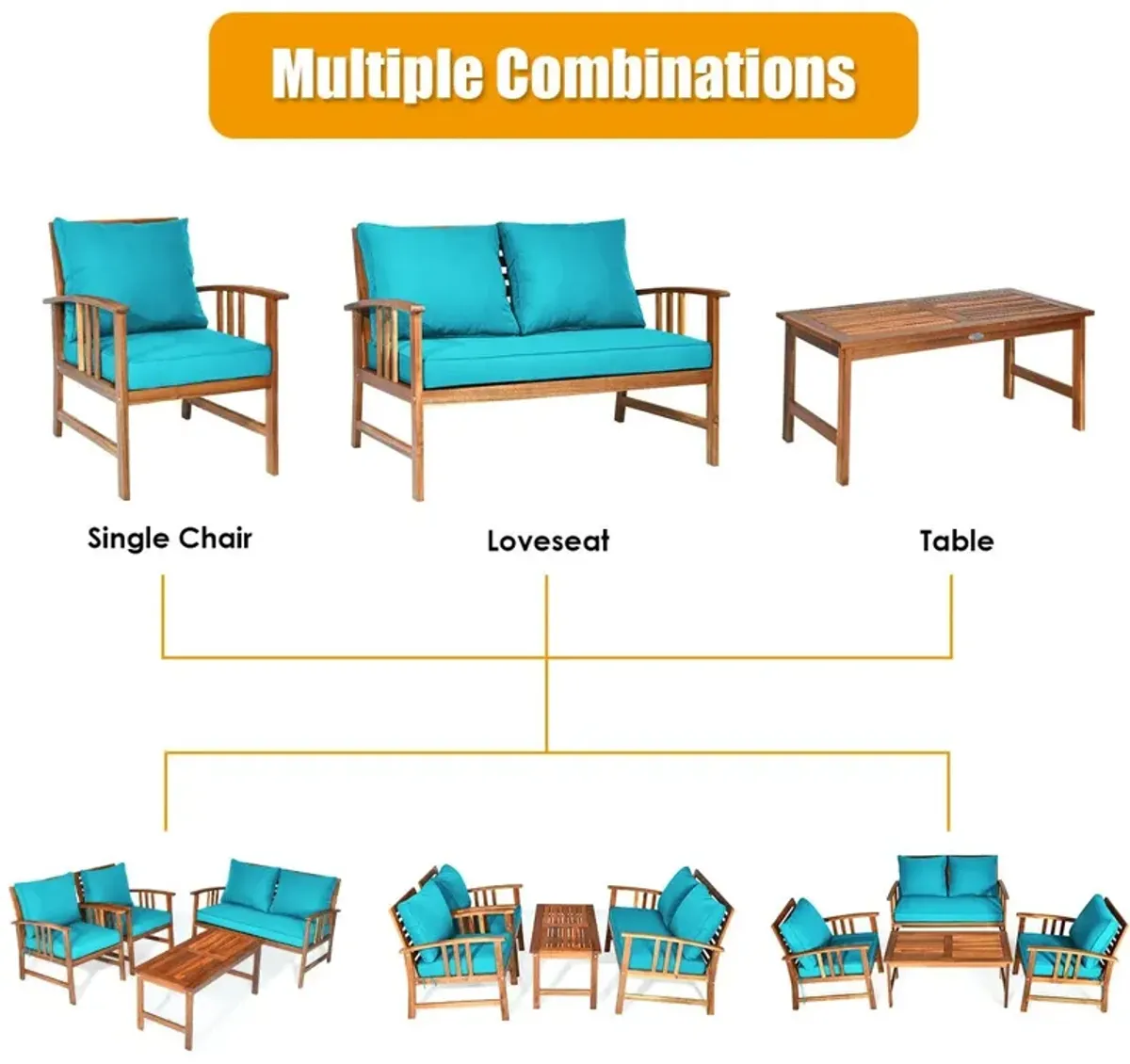 4 Pieces Wooden Patio Furniture Set Table Sofa Chair Cushioned Garden