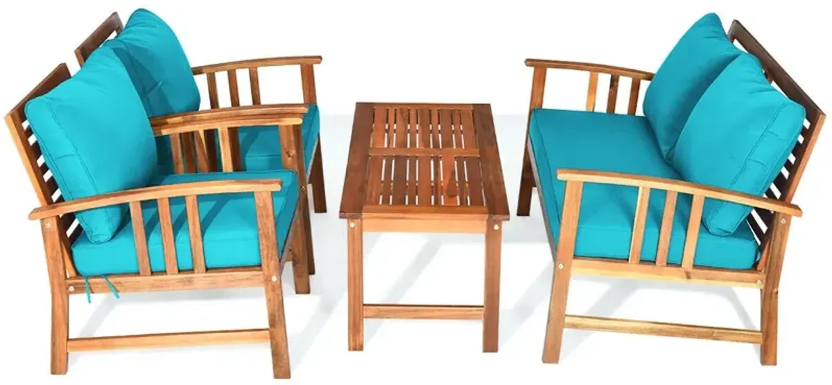 4 Pieces Wooden Patio Furniture Set Table Sofa Chair Cushioned Garden