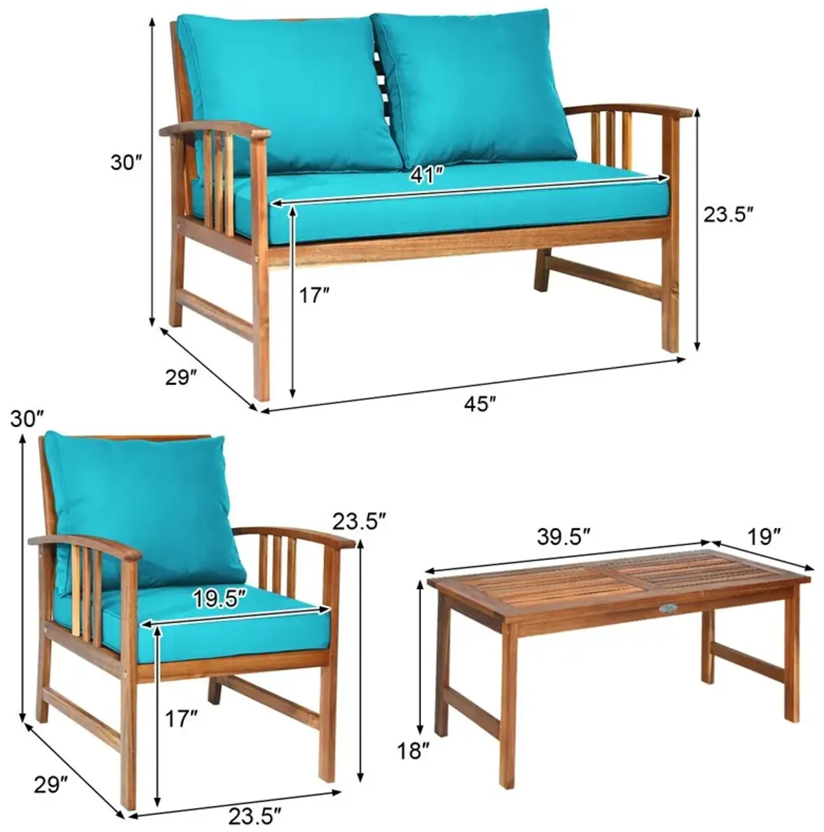 4 Pieces Wooden Patio Furniture Set Table Sofa Chair Cushioned Garden