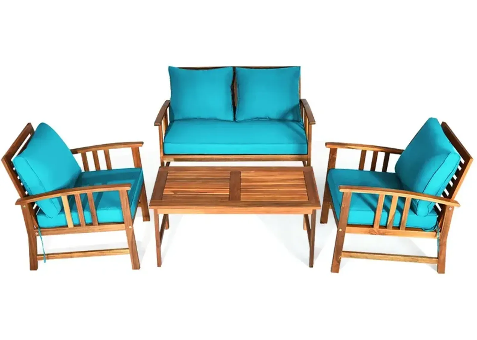 4 Pieces Wooden Patio Furniture Set Table Sofa Chair Cushioned Garden