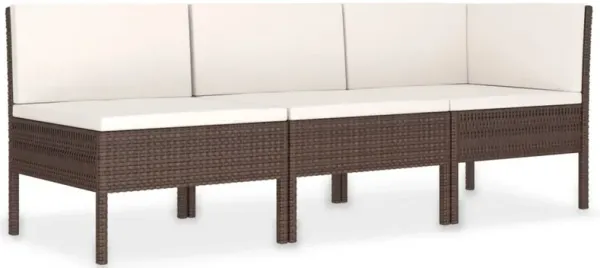 3pc Outdoor Modular Sofa Set, Cushions, Cream White, Brown Poly Rattan - Benzara