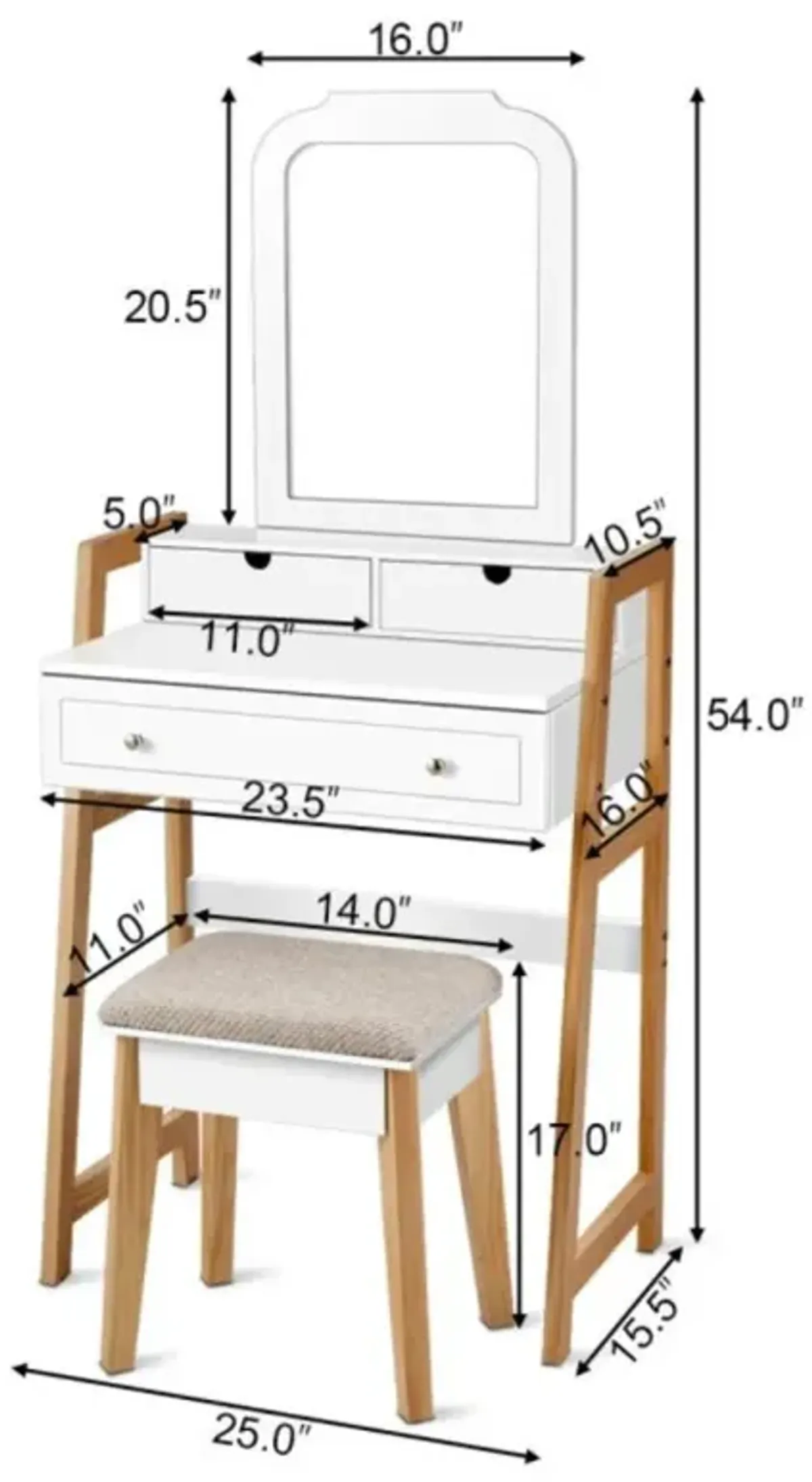 Hivvago Vanity Table Set with Cushioned Stool and Large Mirror