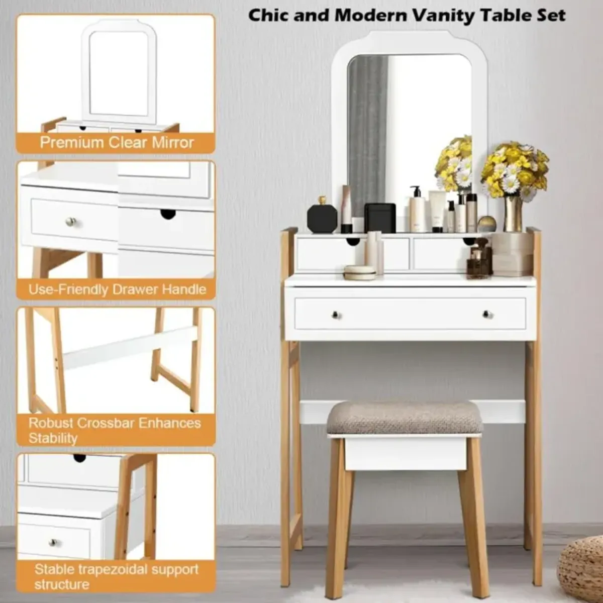 Hivvago Vanity Table Set with Cushioned Stool and Large Mirror