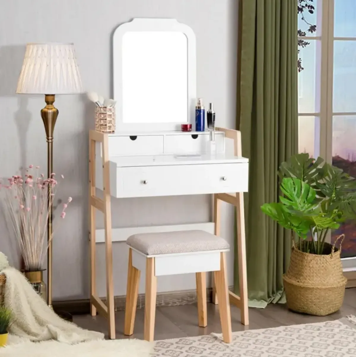 Hivvago Vanity Table Set with Cushioned Stool and Large Mirror