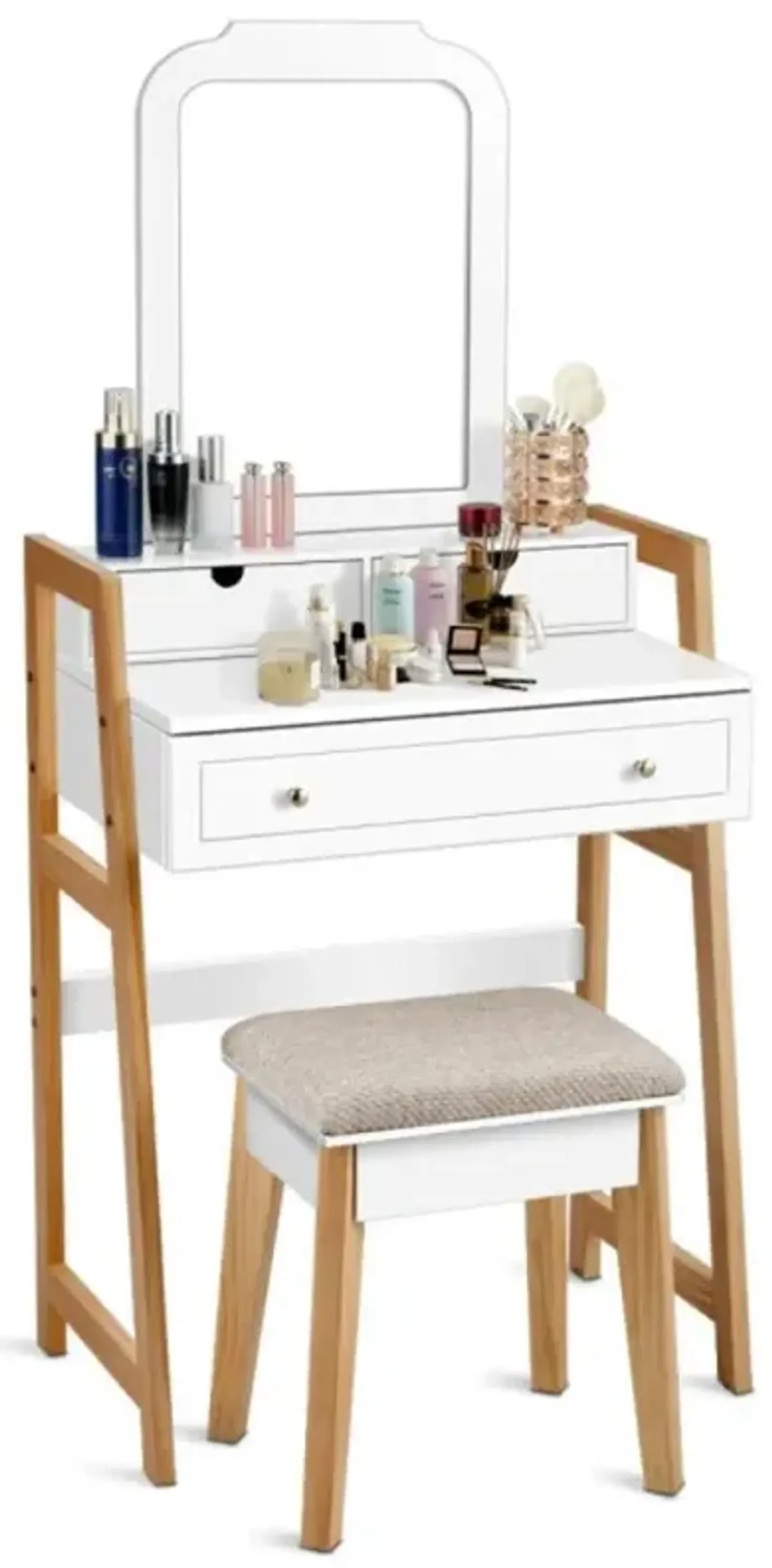 Hivvago Vanity Table Set with Cushioned Stool and Large Mirror