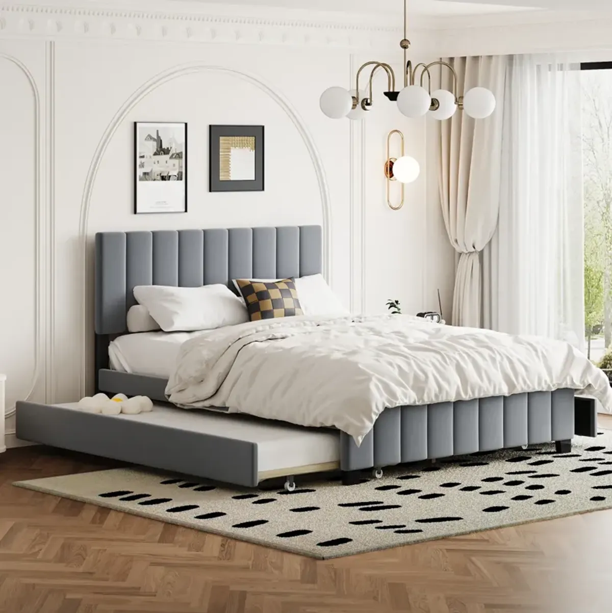 Merax Velvet Platform Bed Frame with  Drawers and Trundle