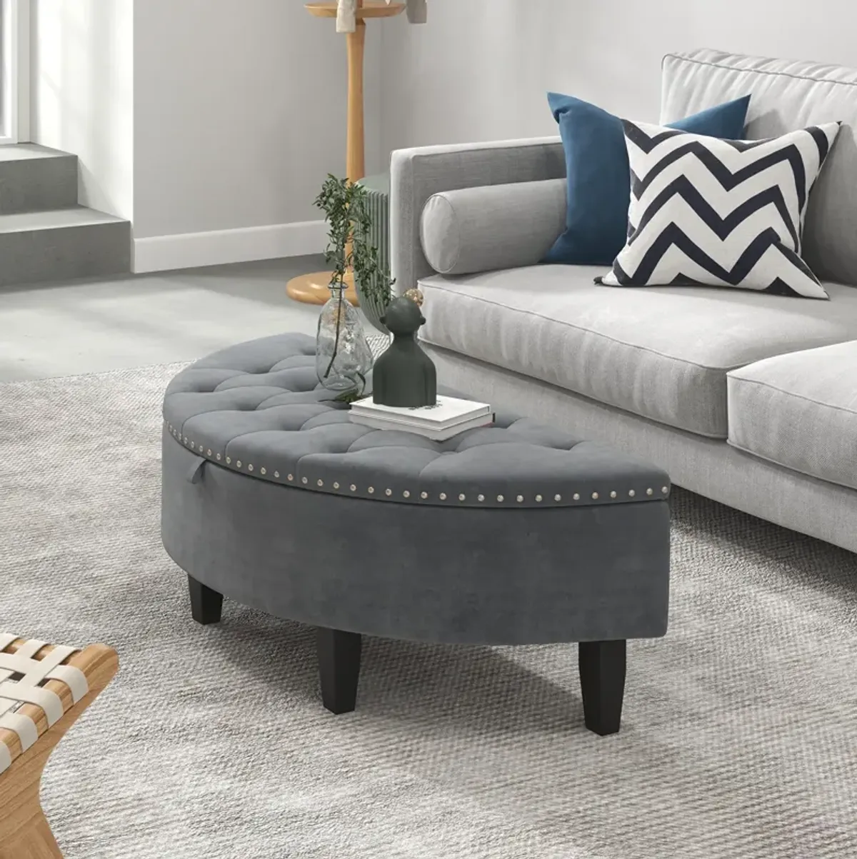 Half Moon Storage Bench with Rubber Wood Legs-Gray