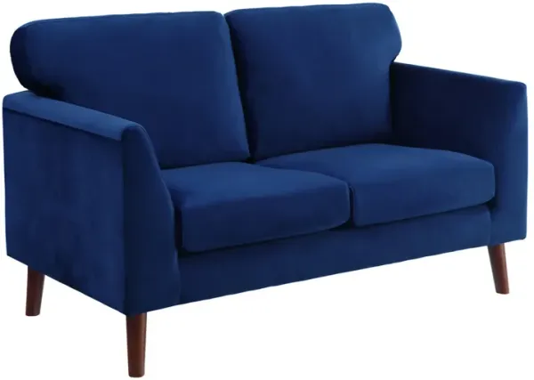 Brad 58 Inch Loveseat, Blue Velvet Reversible Cushions, Dark Brown Legs - Benzara