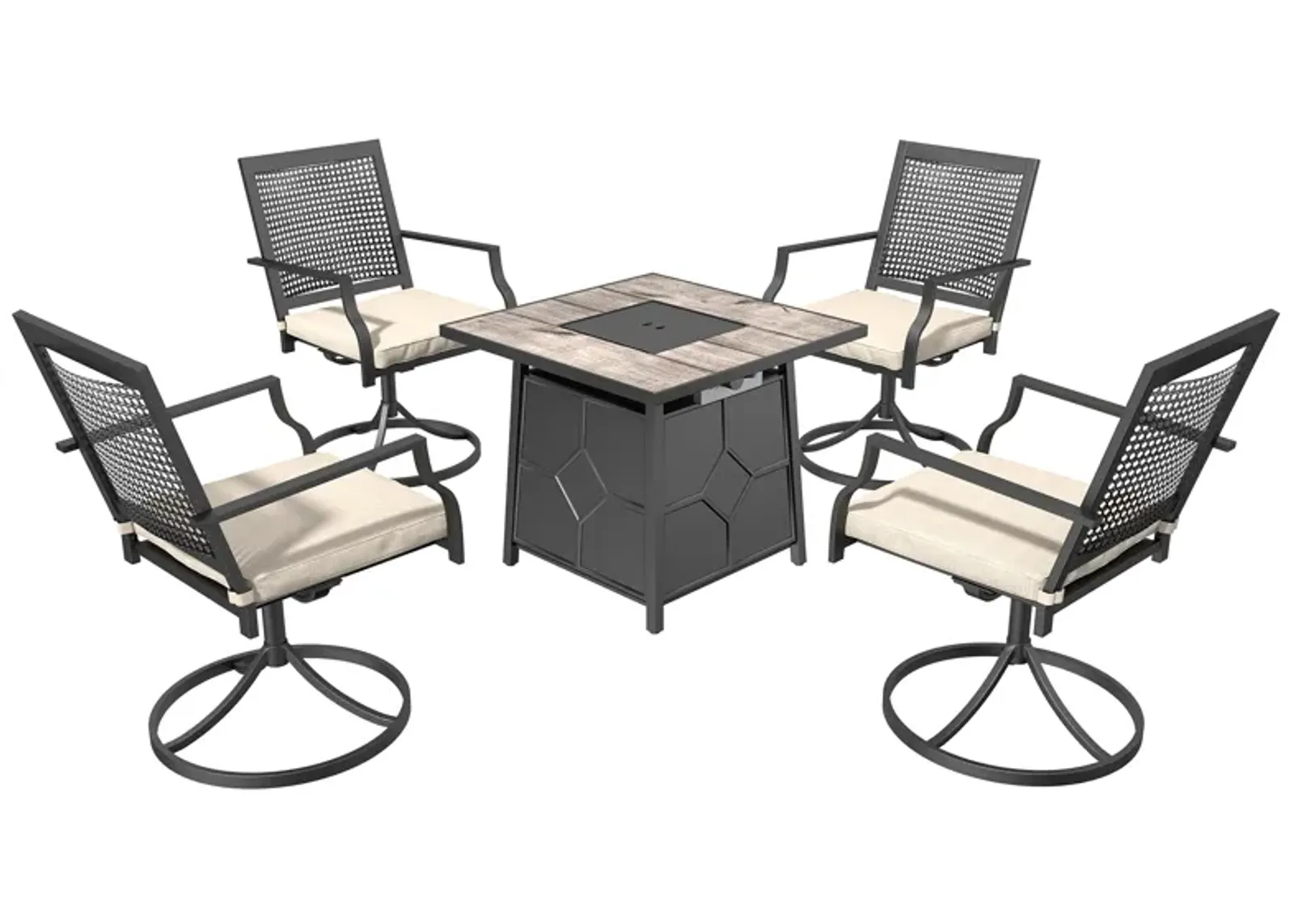 5 Piece Patio Dining Set with Swivel Chairs and Gray 28-inch Square 40,000 BTU Auto-Ignition Propane Gas Fire Pit Table