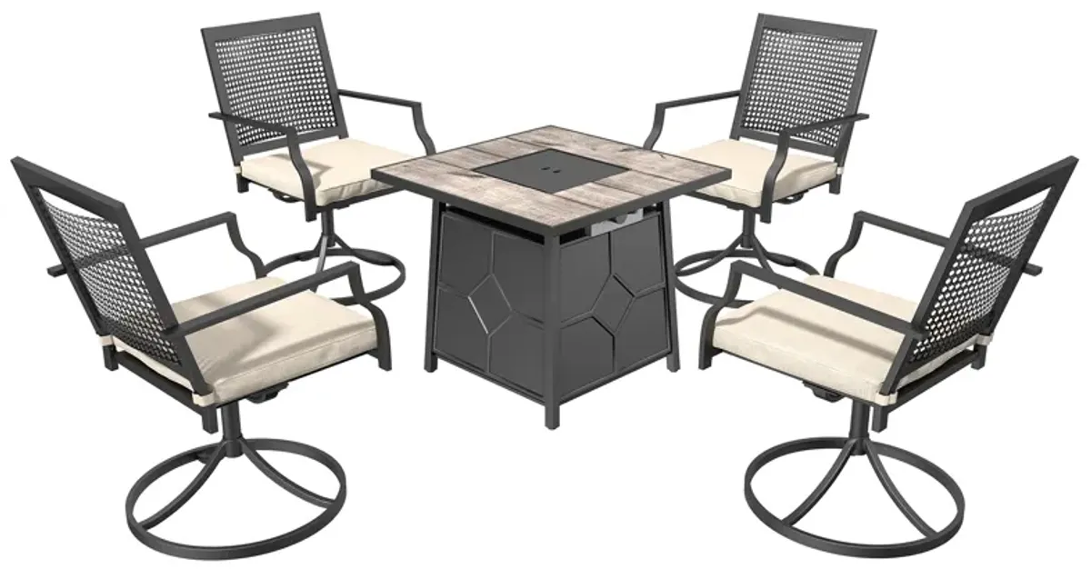 5 Piece Patio Dining Set with Swivel Chairs and Gray 28-inch Square 40,000 BTU Auto-Ignition Propane Gas Fire Pit Table