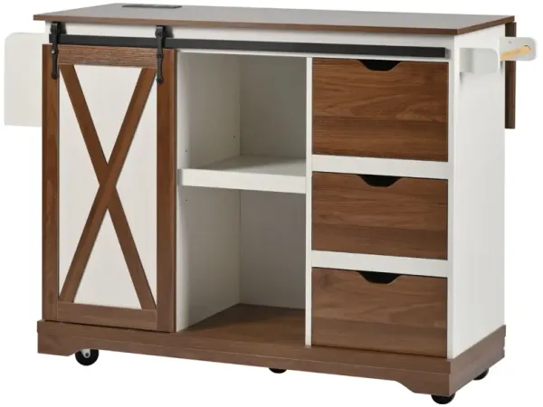 Merax Farmhouse Kitchen Island with Drop Leaf & Power Outlet - Rolling Storage Cart with Barn Door
