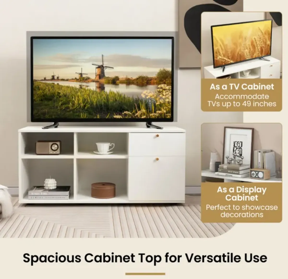 Storage Cabinet TV Console Cabinet with 2 Drawers and 4 Cubes for Entryway-White