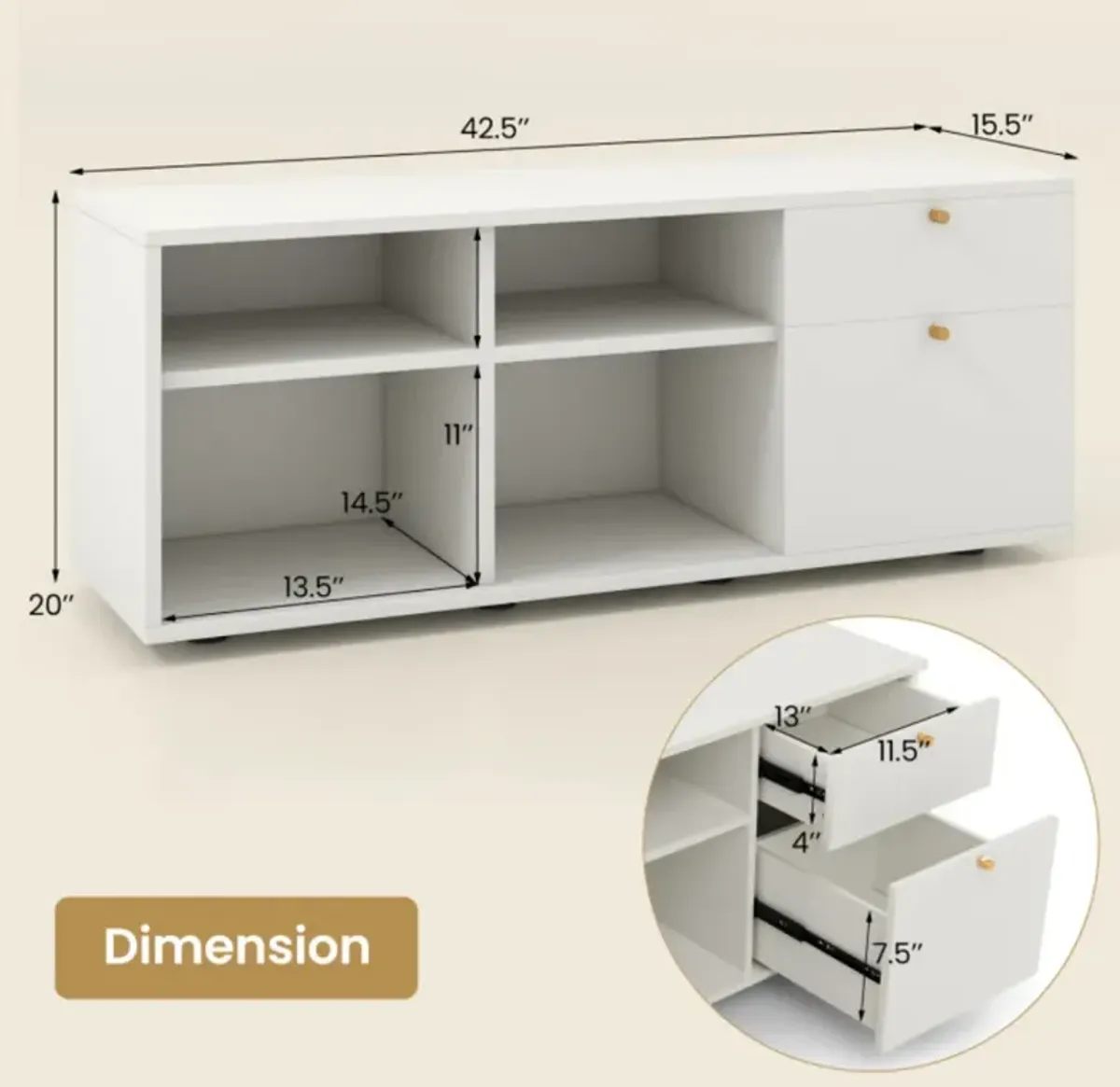 Storage Cabinet TV Console Cabinet with 2 Drawers and 4 Cubes for Entryway-White