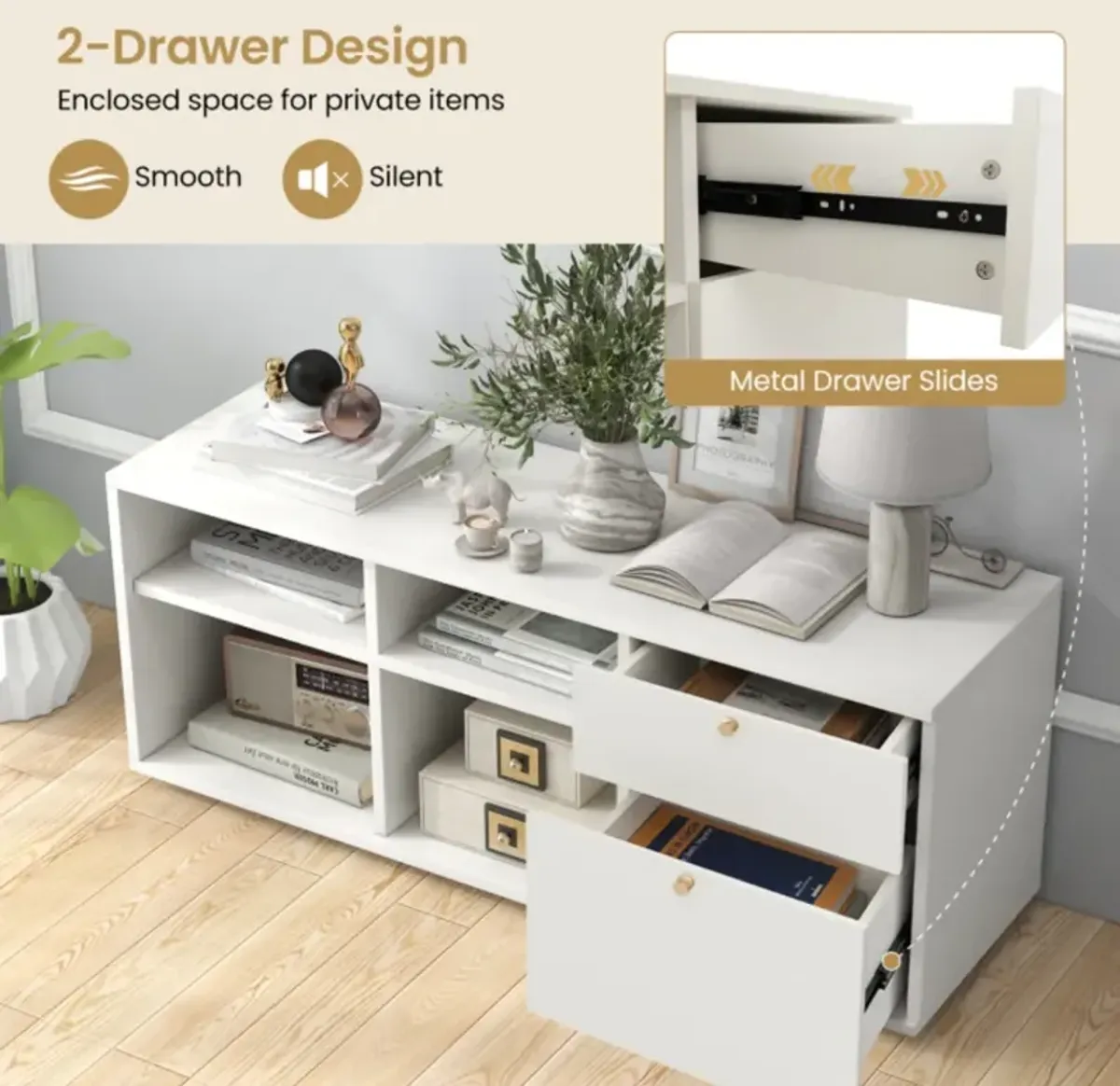 Storage Cabinet TV Console Cabinet with 2 Drawers and 4 Cubes for Entryway-White