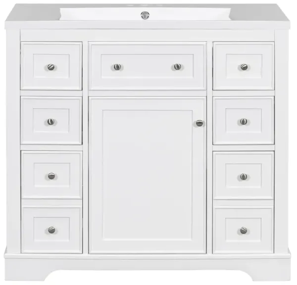 Whisen 36" Bathroom Storage Cabinet Bathroom Vanity with Ceramic Sink, One Cabinet and 6 Drawers