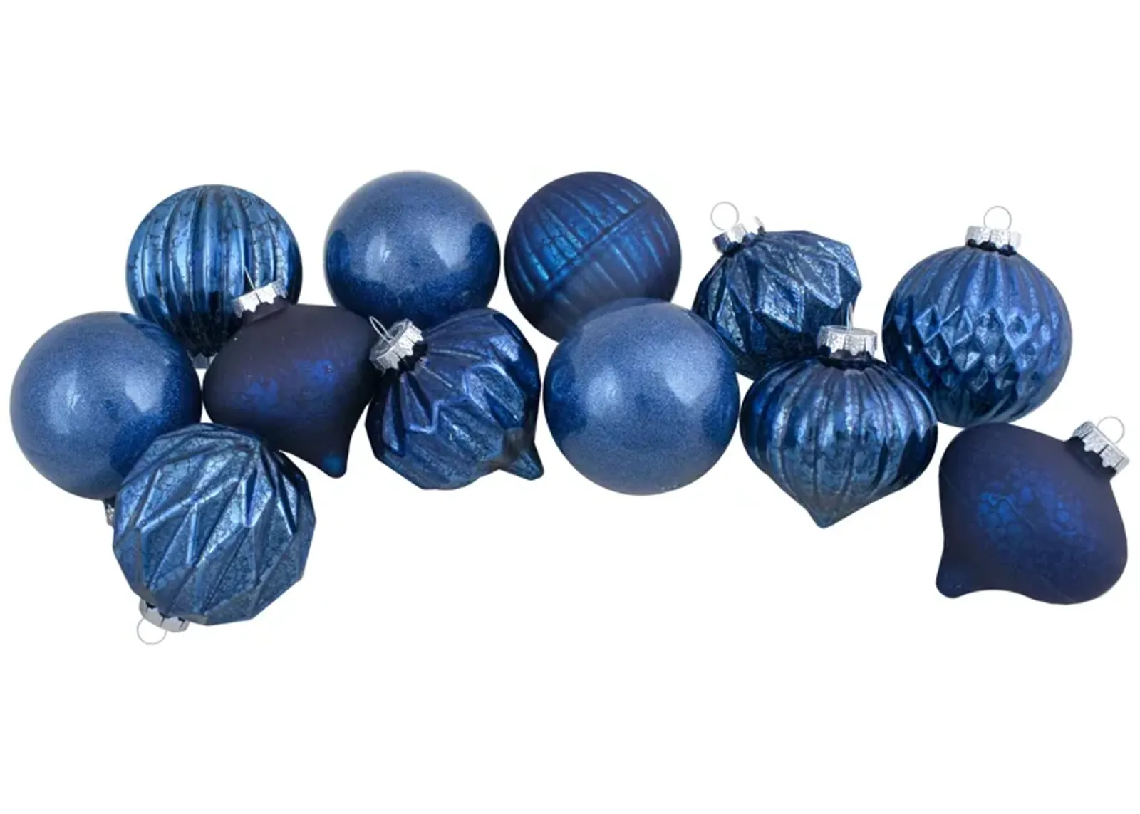 Set of 12 Blue Finial and Glass Ball Christmas Ornaments