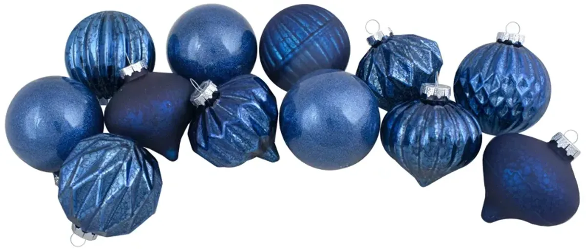 Set of 12 Blue Finial and Glass Ball Christmas Ornaments