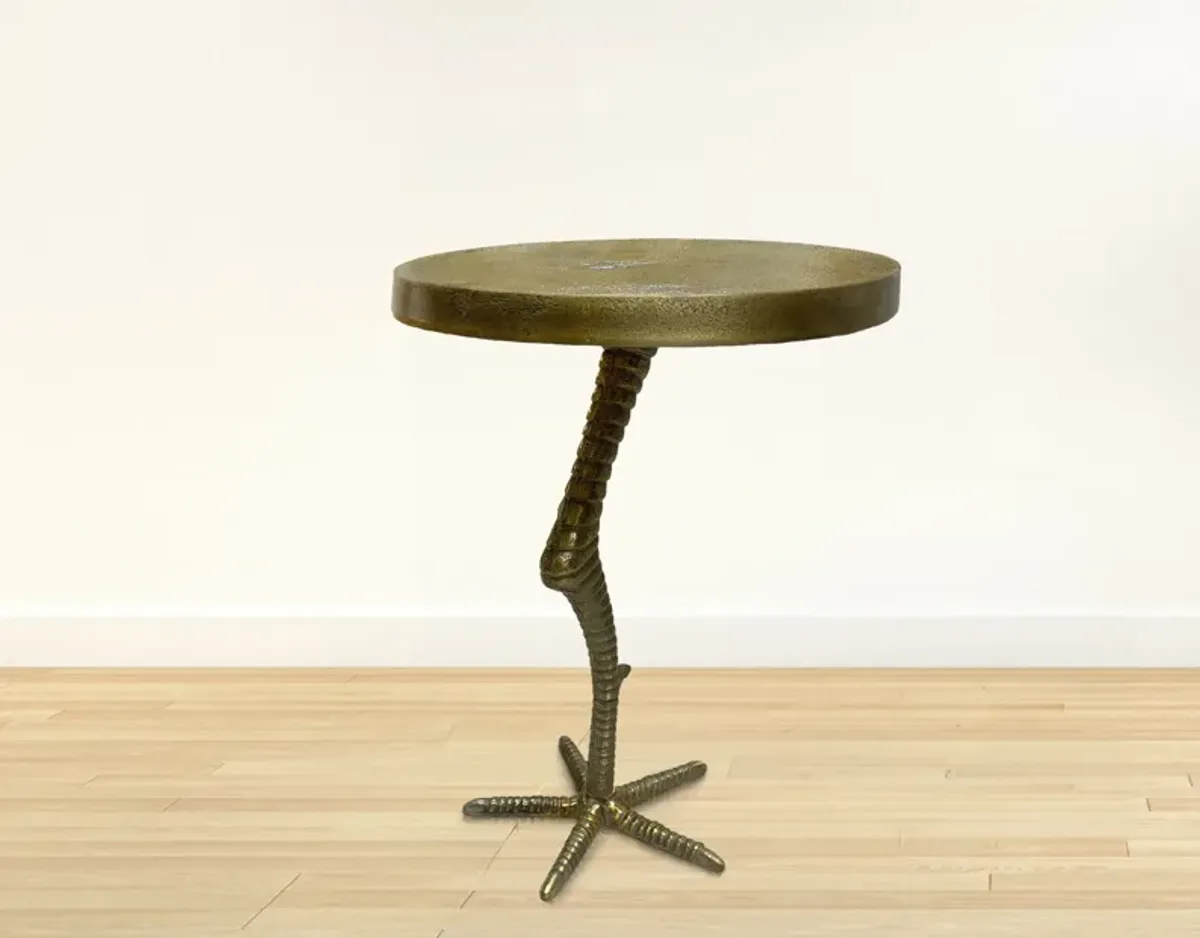 19 Inch Side End Table, Antique Brass Aluminum Cast, Round Top with Handcrafted Textured Crane Leg Stem - Benzara