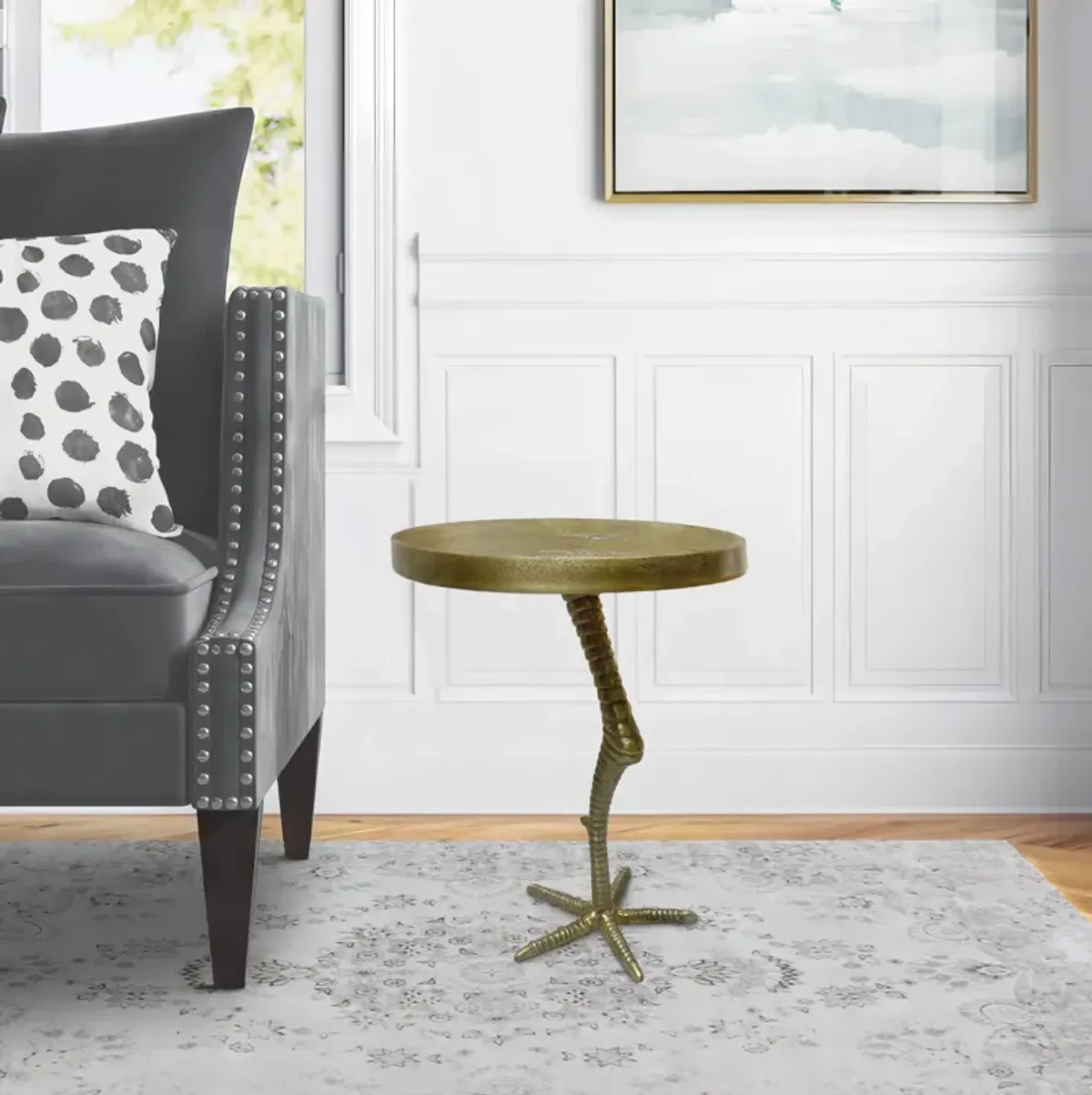 19 Inch Side End Table, Antique Brass Aluminum Cast, Round Top with Handcrafted Textured Crane Leg Stem - Benzara