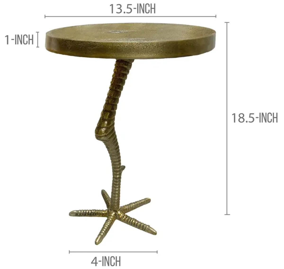 19 Inch Side End Table, Antique Brass Aluminum Cast, Round Top with Handcrafted Textured Crane Leg Stem - Benzara