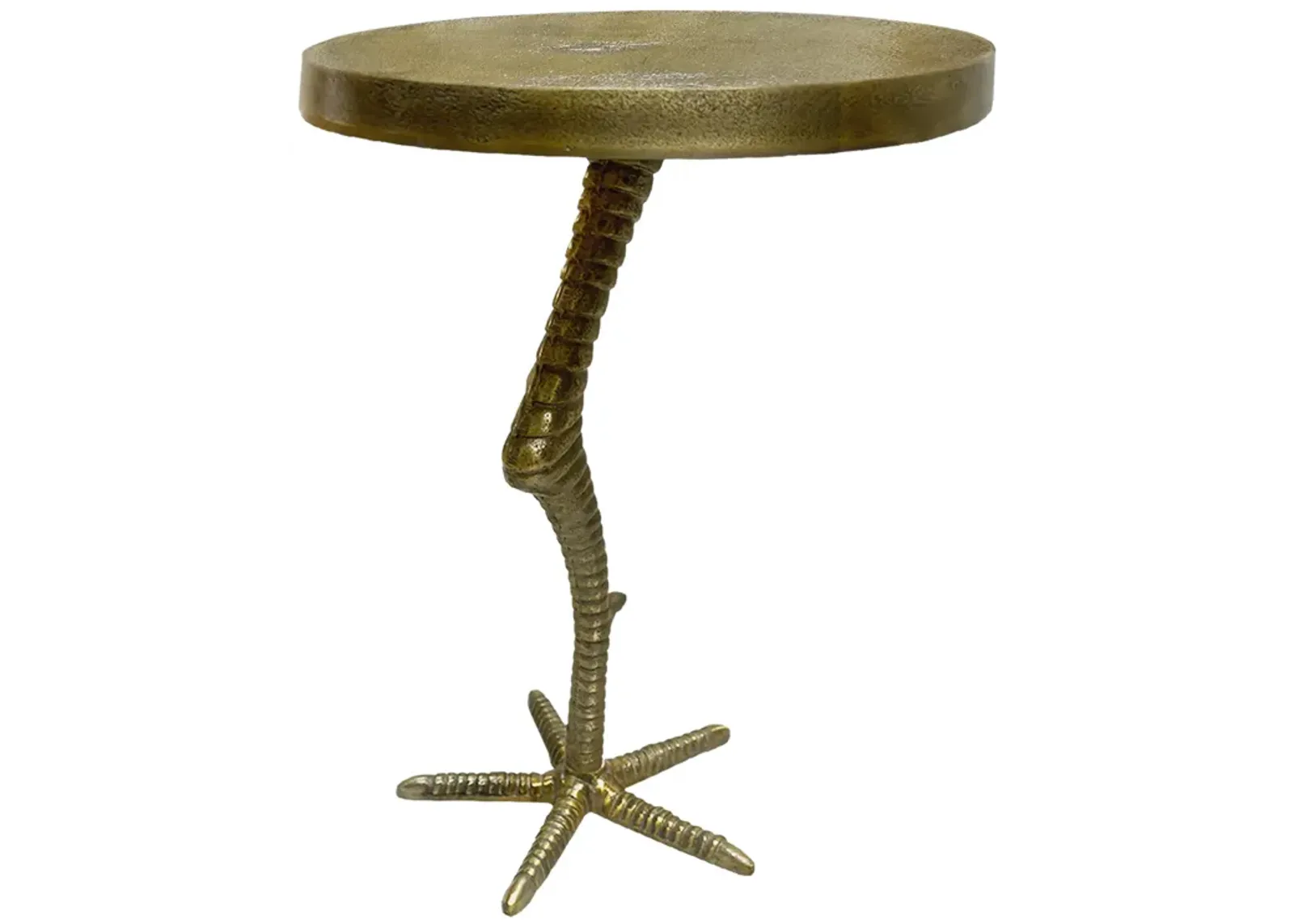 19 Inch Side End Table, Antique Brass Aluminum Cast, Round Top with Handcrafted Textured Crane Leg Stem - Benzara