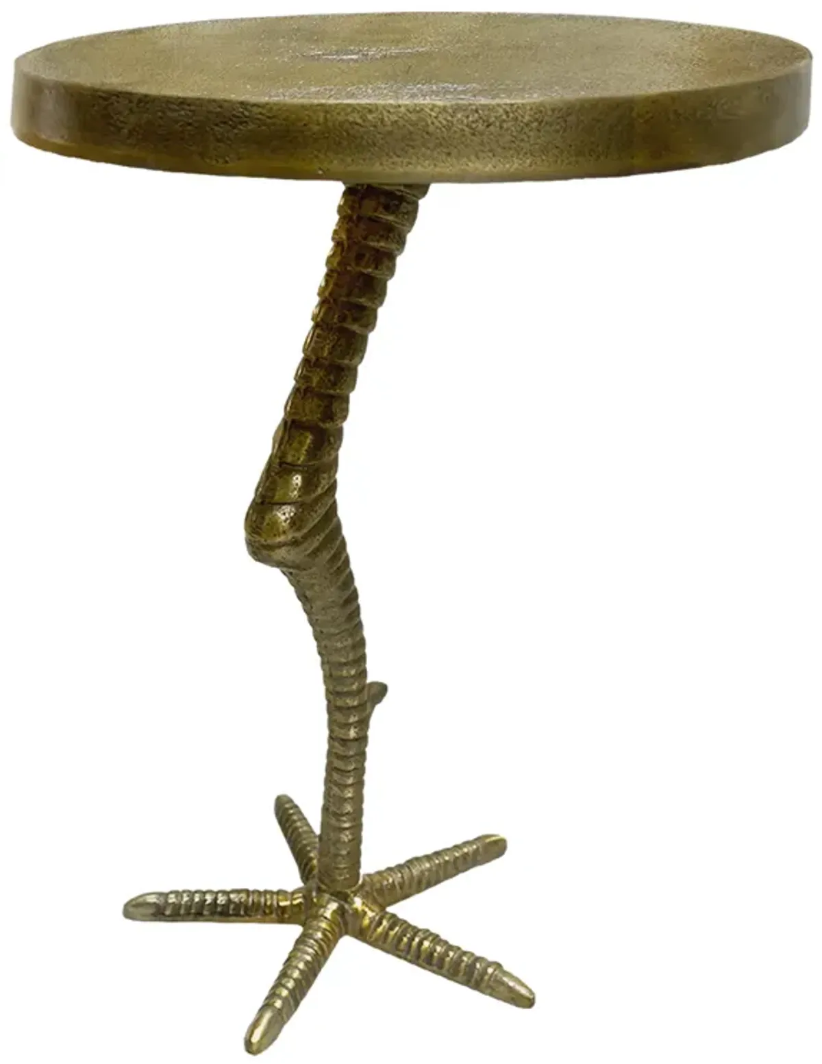 19 Inch Side End Table, Antique Brass Aluminum Cast, Round Top with Handcrafted Textured Crane Leg Stem - Benzara