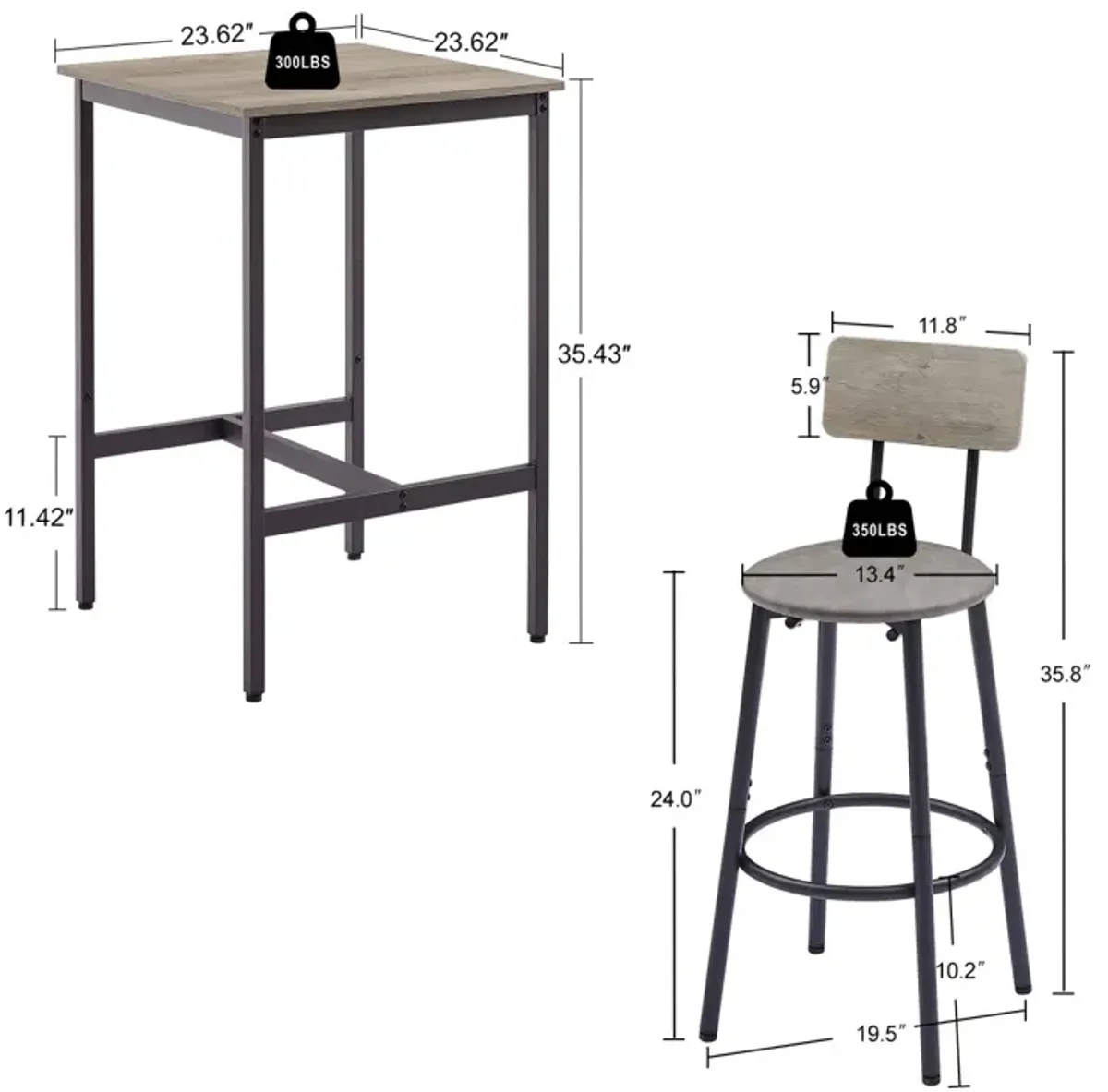 Bar Table Set With 2 Bar Stools PU Soft Seat With Backrest23.62"W X 23.62"D X 35.43