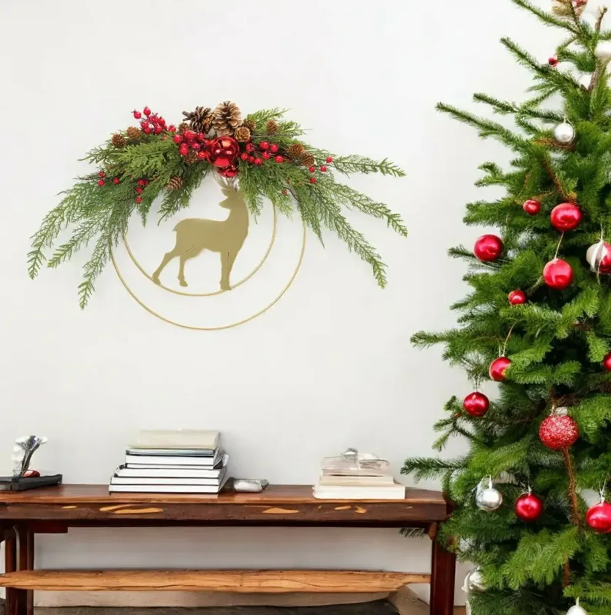 Deer and Pine Wall Décor for Rustic Holiday and Winter Home Decorationc