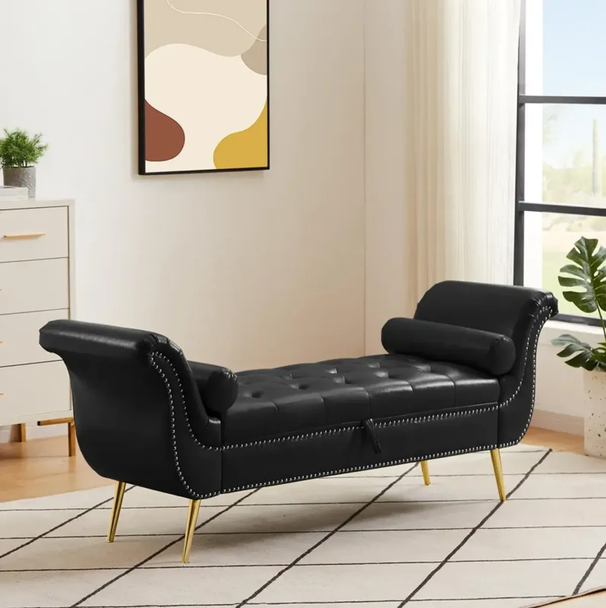 PU Leather Upholstered Storage Ottoman Bench with Flip Top and Metal Feet