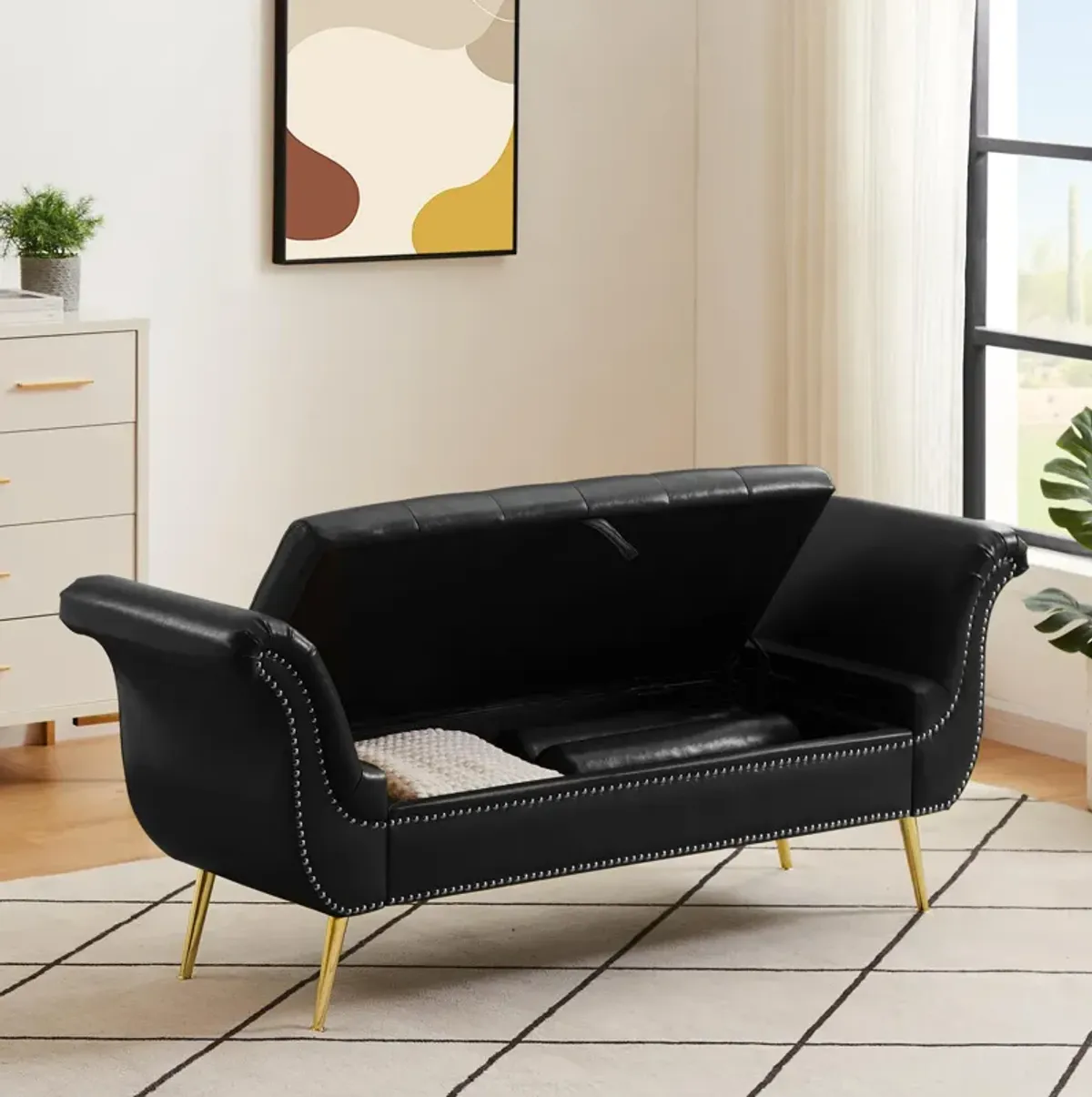 PU Leather Upholstered Storage Ottoman Bench with Flip Top and Metal Feet