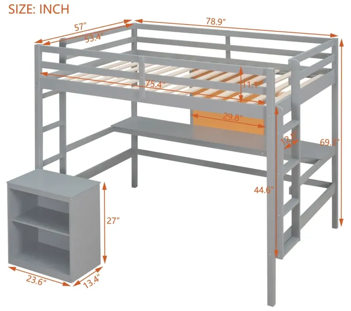 Full Size Loft Bed With Desk And Writing Board, Wooden Loft Bed With Desk & 2 Drawers Cabinet