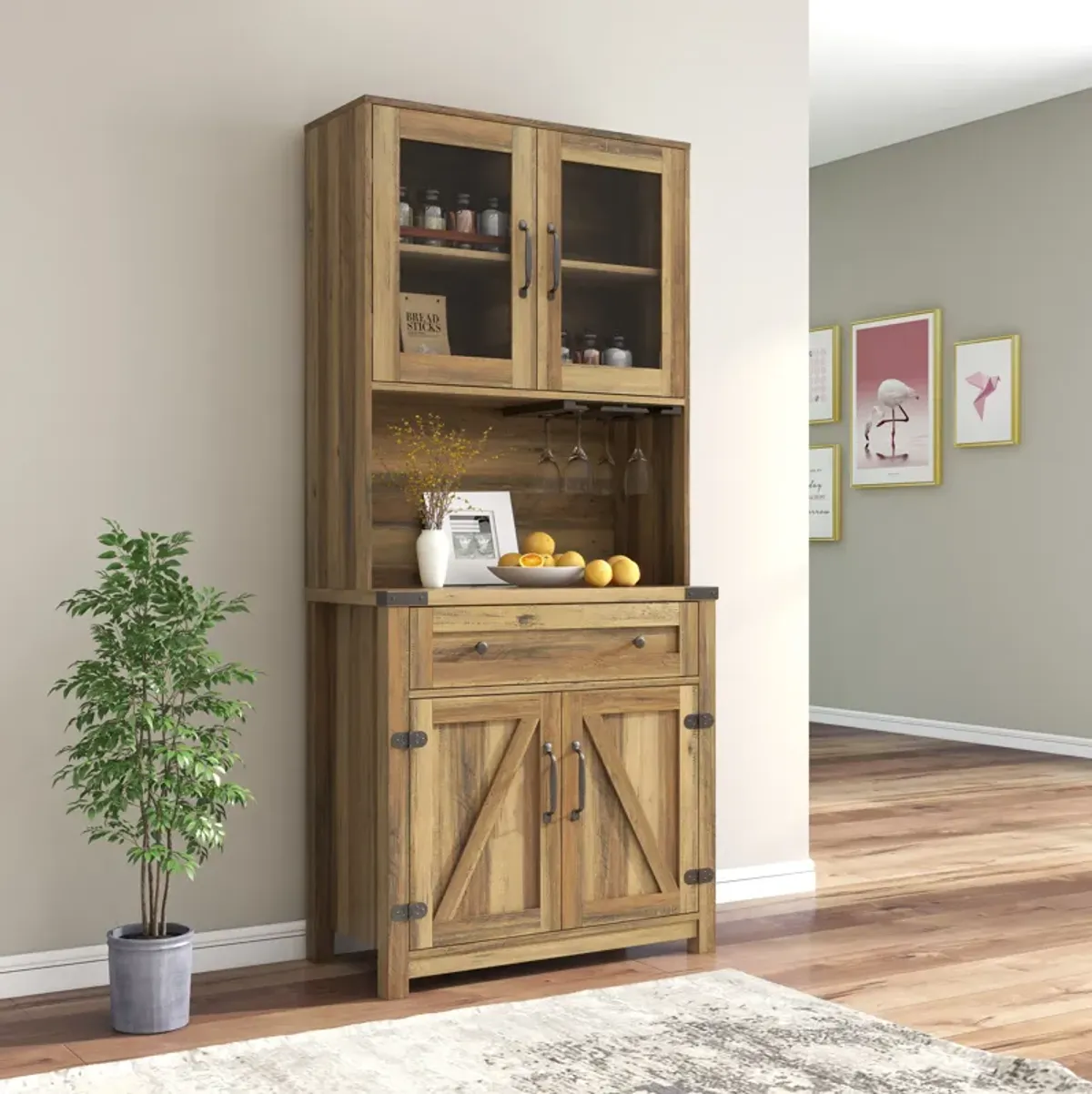 Modern Farmhouse Double Barn Door Accent Bar Cabinet With Goblet Holder, Walnut