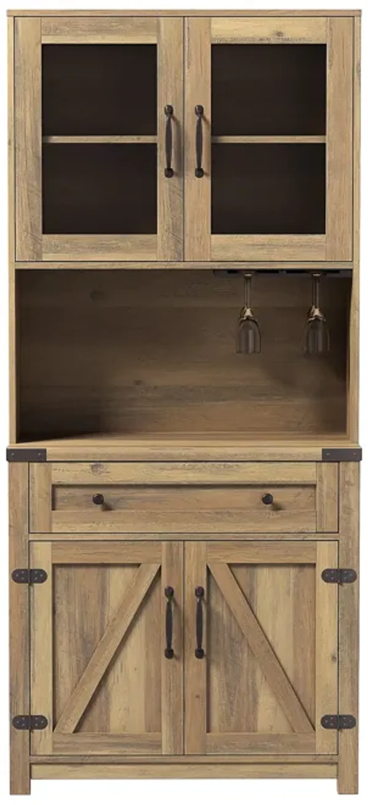 Modern Farmhouse Double Barn Door Accent Bar Cabinet With Goblet Holder, Walnut