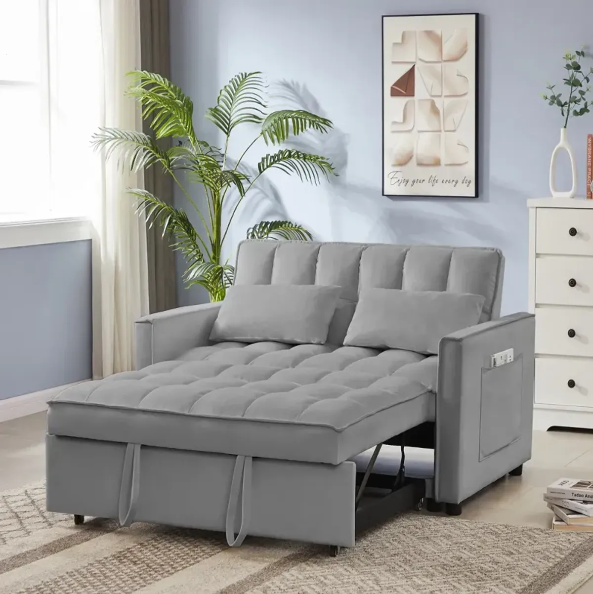 Grey Velvet Loveseat Sofa Bed