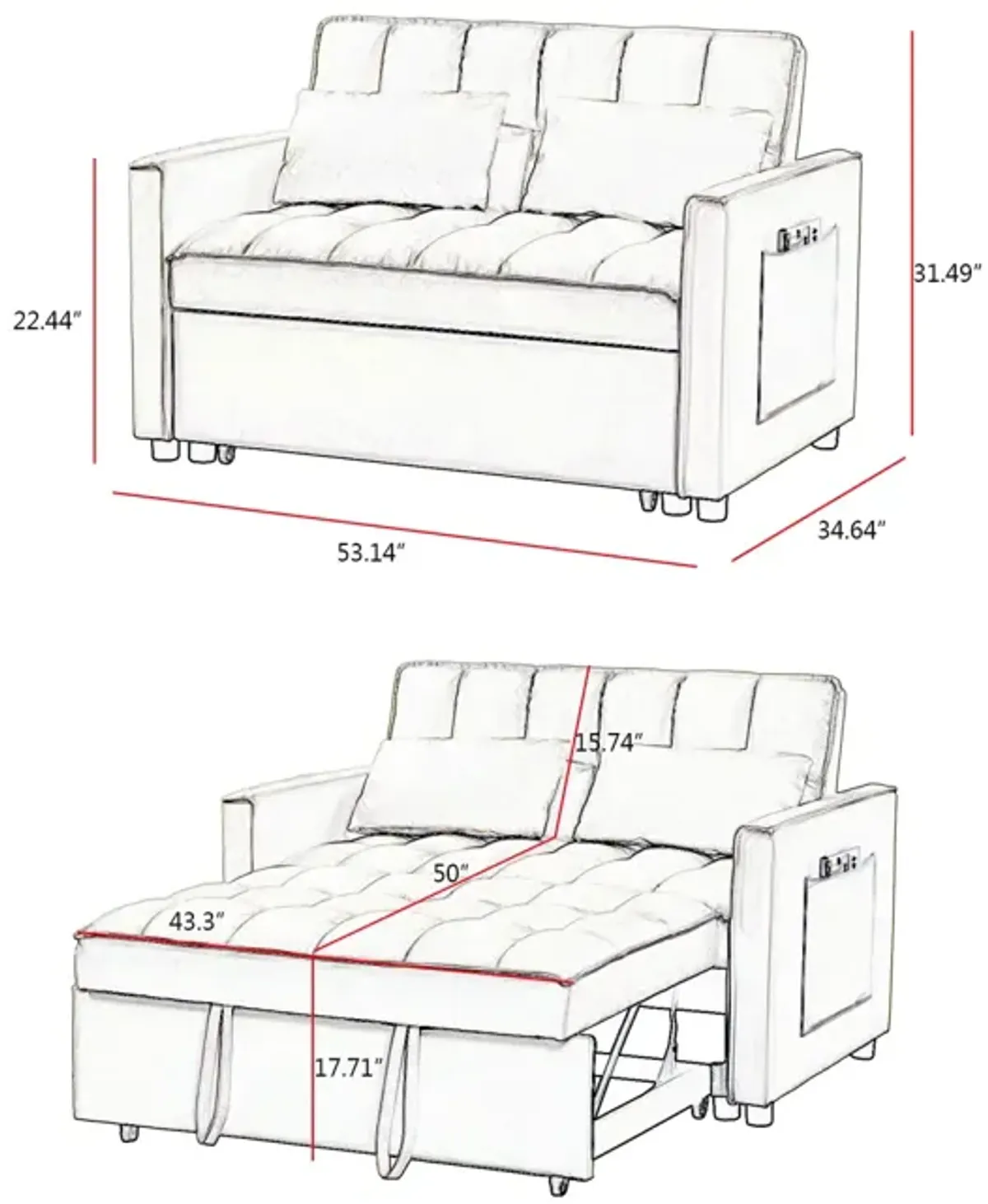 Grey Velvet Loveseat Sofa Bed