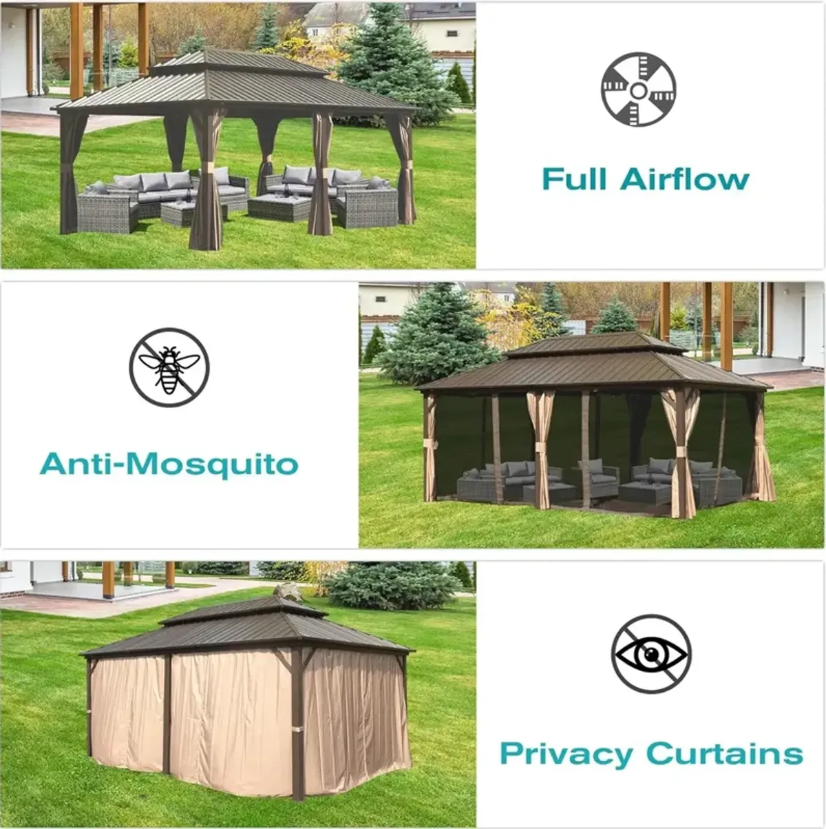 MONDAWE 12ft X 18ft Aluminum Outdoor Hardtop Gazebo with Curtain & Netting Permanent Galvanized Steel Double Roof Pavilion for Patio Wedding, Backyard Dining Space, Deck, Lawn