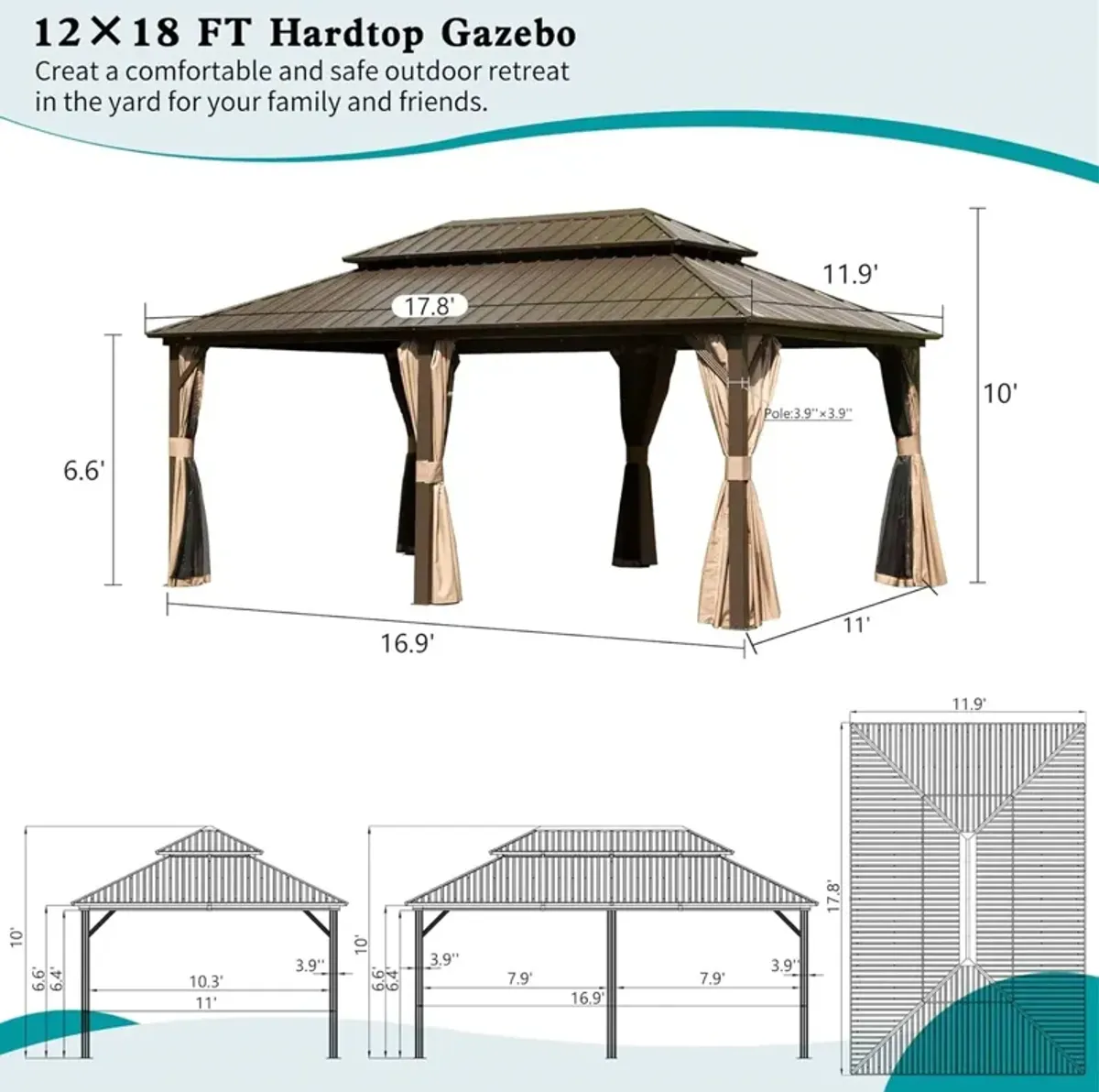 MONDAWE 12ft X 18ft Aluminum Outdoor Hardtop Gazebo with Curtain & Netting Permanent Galvanized Steel Double Roof Pavilion for Patio Wedding, Backyard Dining Space, Deck, Lawn