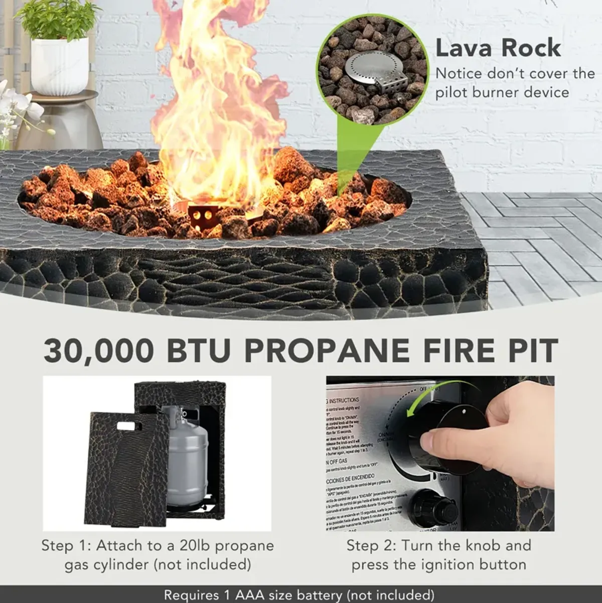 16 Feet Square Outdoor Propane Fire Pit with Lava Rocks Waterproof Cover 30 000 BTU