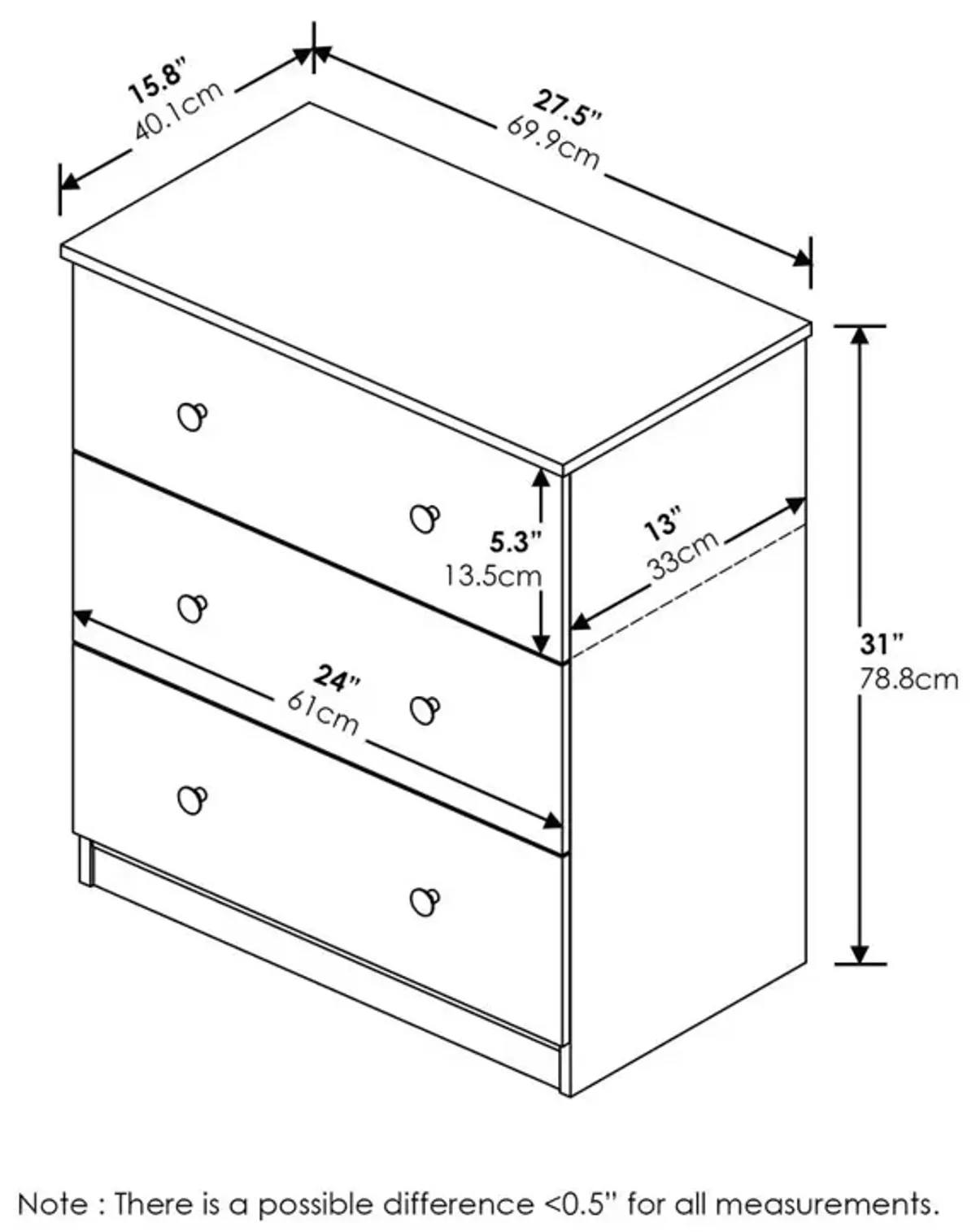 Furinno Tidur Simple Design 3-Drawer Dresser, Americano