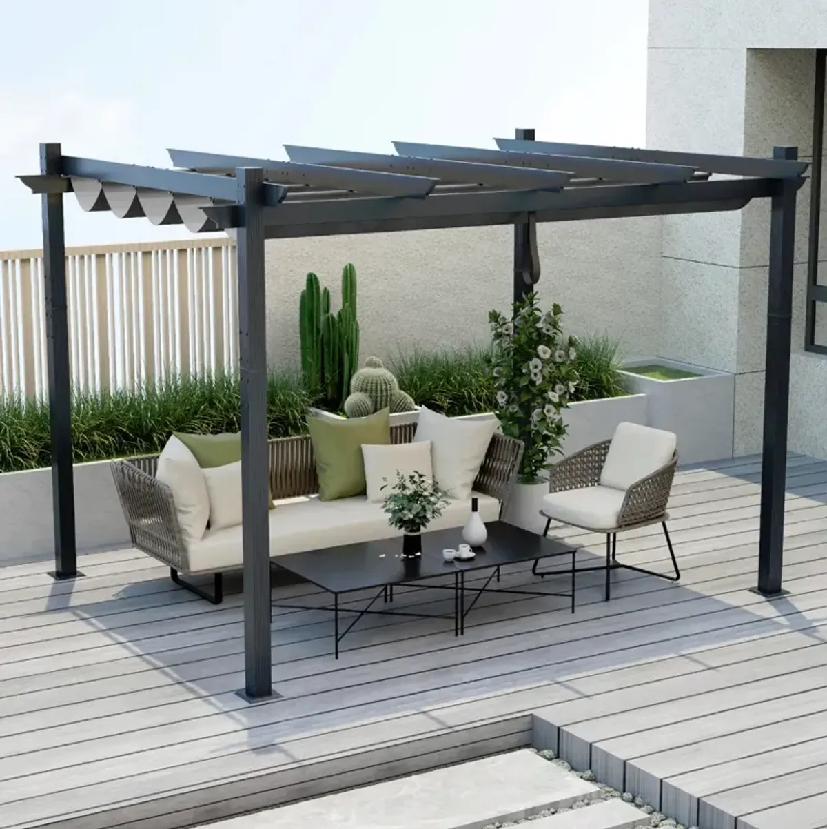 10x12 Feet Outdoor Aluminum Retractable Pergola Canopy Shelter with Grape Trellis