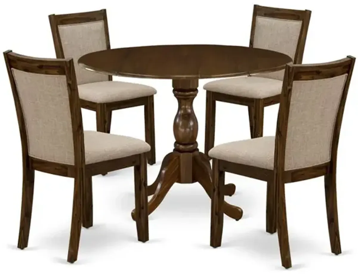 East West Furniture 5-Pc Kitchen Table Set Includes a Wood Dining Table with Drop Leaves and 4 Light Tan Linen Fabric Parson Chairs - Sand Blasting Antique Walnut Finish