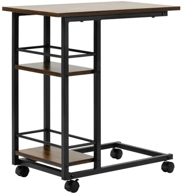 Rustic Brown Side Table: C-Shaped Mobile End Table with Wheels, Shelves, Metal Frame