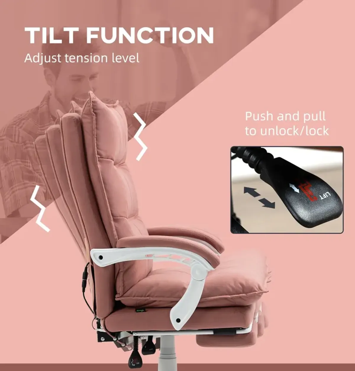 Pink Microfiber Heated Recliner: 6 Vibration Points, Footrest