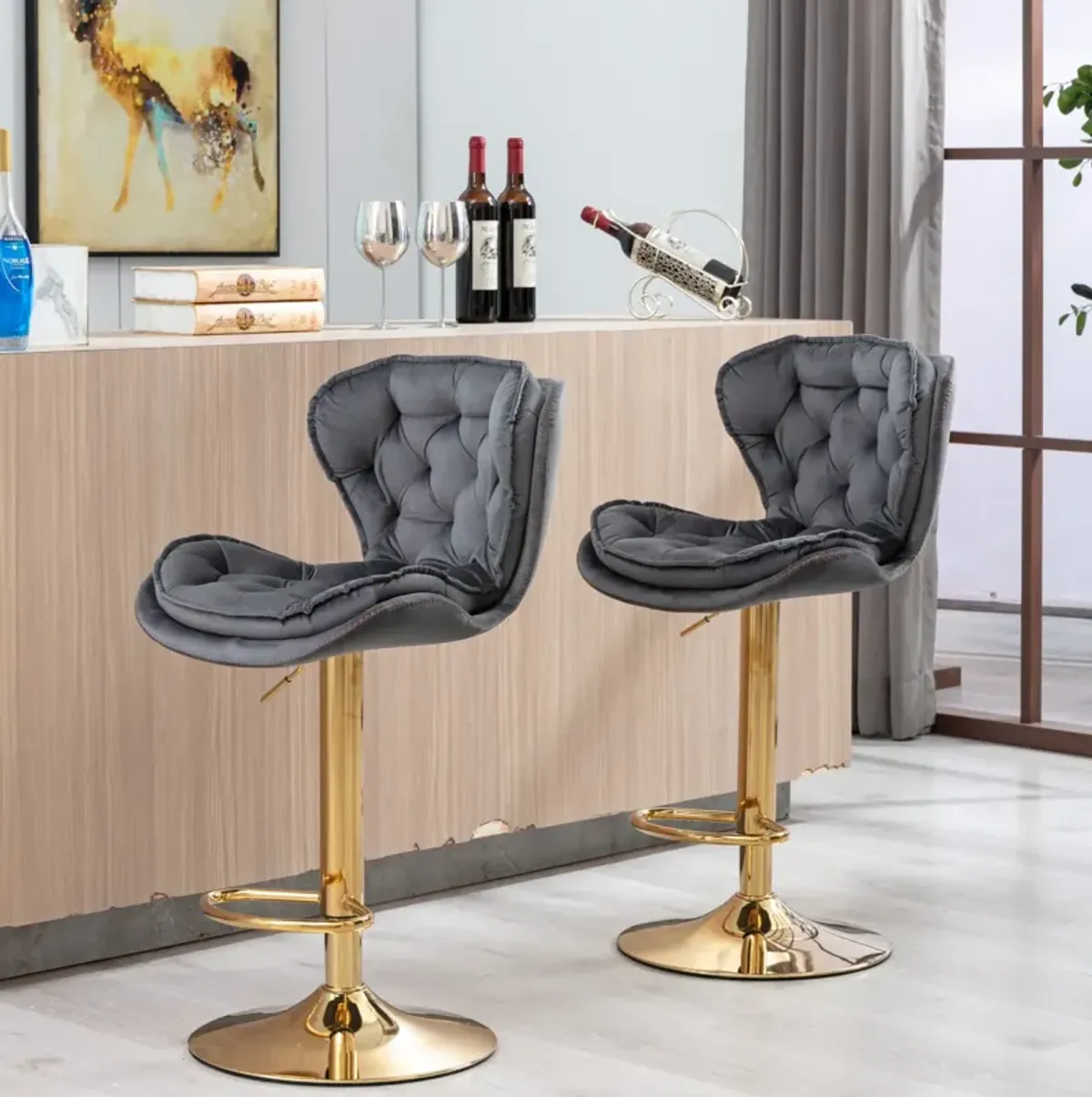 Set of 2 Bar Stools, with Chrome Footrest and Base Swivel Height Adjustable Mechanical Lifting Velvet + Golden Leg Simple Bar Stool-gray