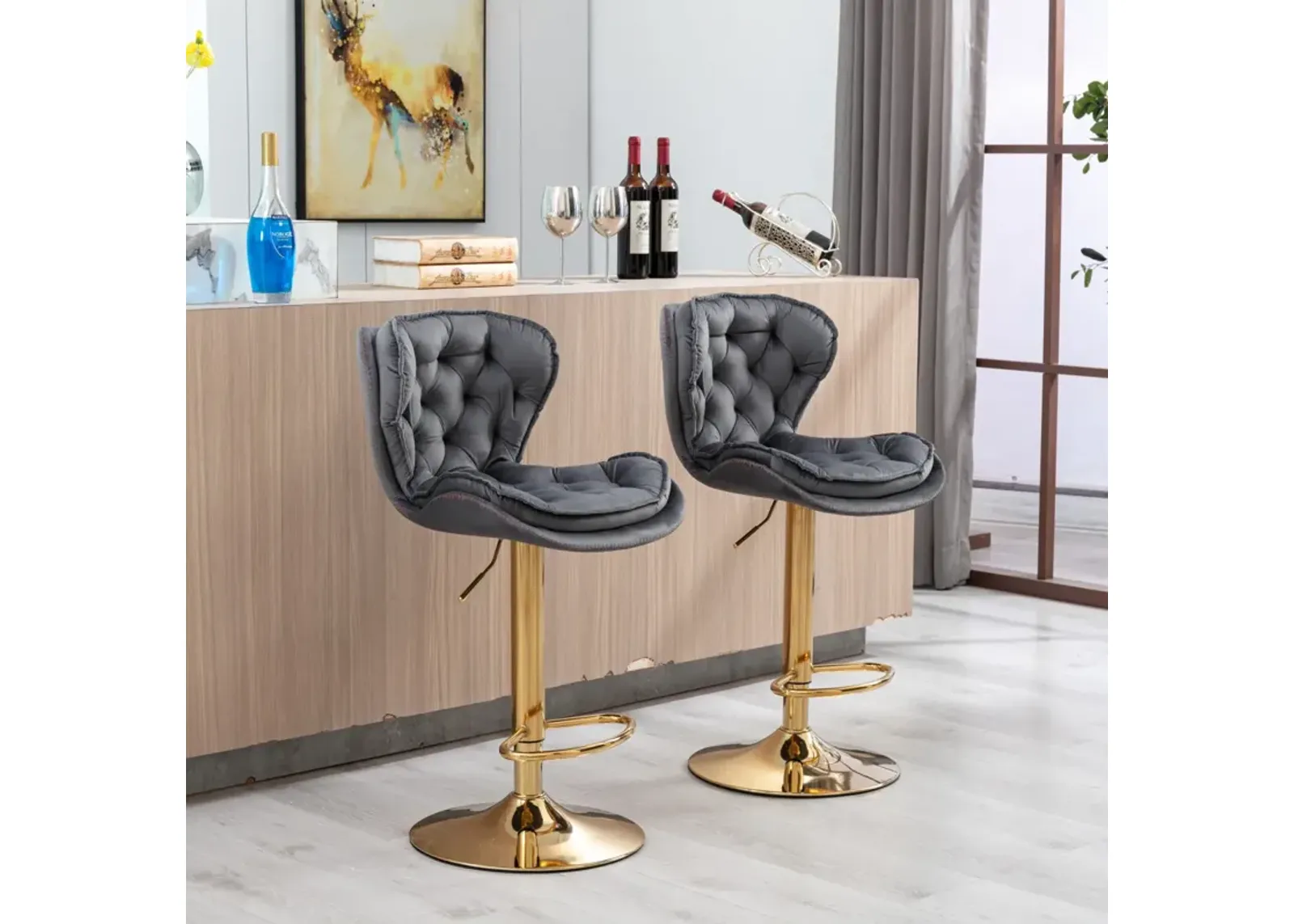 Set of 2 Bar Stools, with Chrome Footrest and Base Swivel Height Adjustable Mechanical Lifting Velvet + Golden Leg Simple Bar Stool-gray