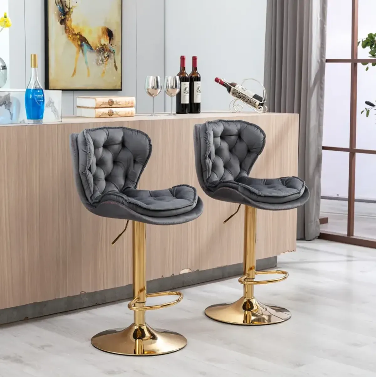 Set of 2 Bar Stools, with Chrome Footrest and Base Swivel Height Adjustable Mechanical Lifting Velvet + Golden Leg Simple Bar Stool-gray