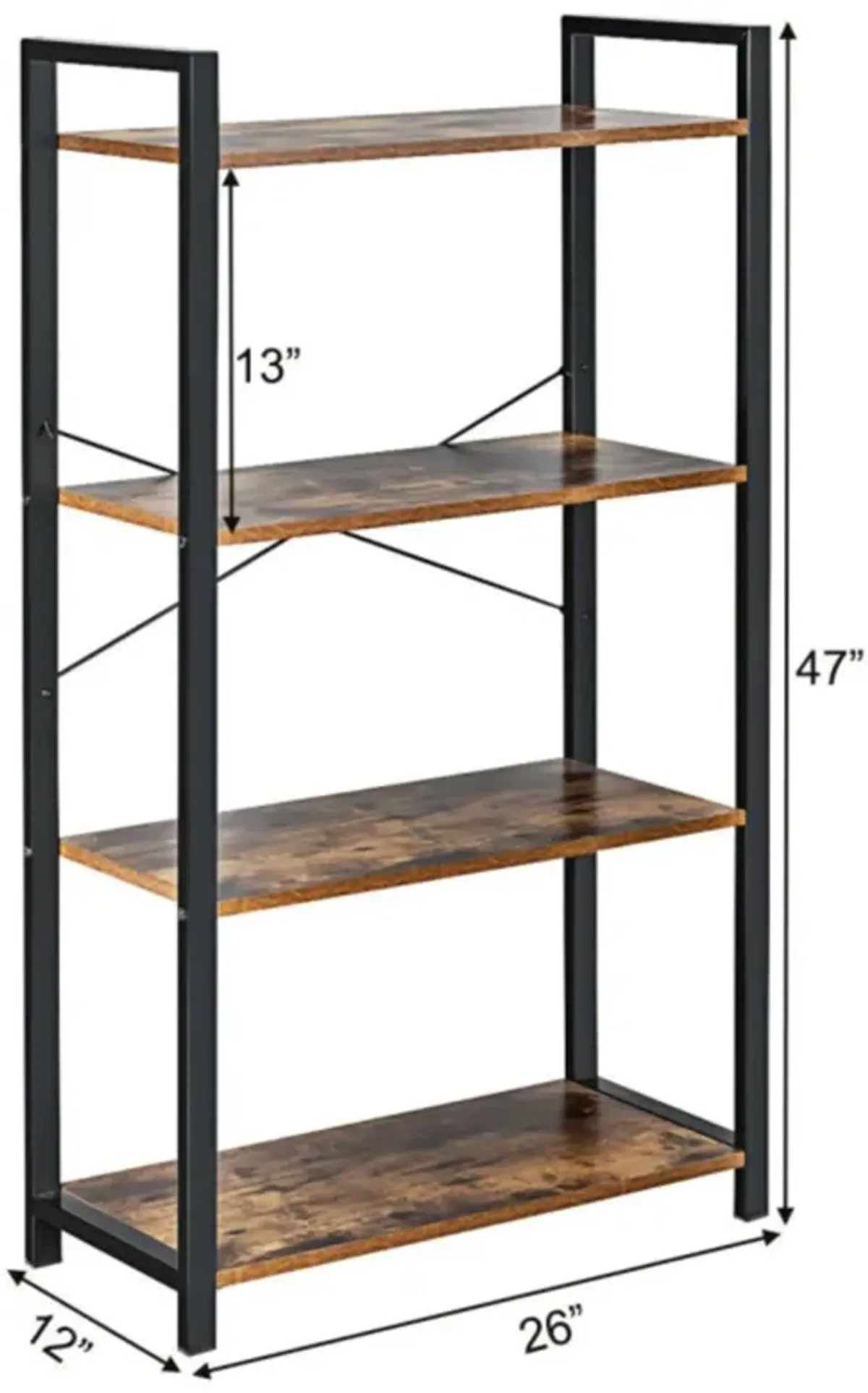 Hivvago 4-Tier Rustic Bookshelf Industrial Bookcase Diaplay Shelf Storage Rack-Brown